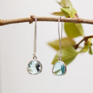 Aquamarine Glass Earrings - Silver Dangle Earrings - Stone Earrings - Drop Earrings - Birthstone Earrings - Aqua Jewelry - Quartz Earrings