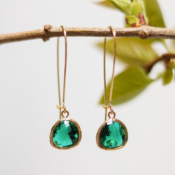 Emerald Glass Earrings - Gold Dangle Earrings - Stone Earrings - Drop Earrings - Birthstone Earrings - Green Earrings - Green Jewellery