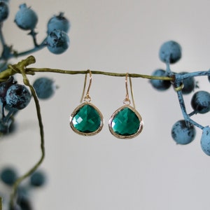 Emerald Glass Earrings - Dangle Earrings - Stone Earrings - Drop Earrings - Birthstone Earrings - Green Jewellery - Gold Green Earrings