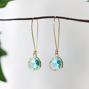 Aquamarine Glass Earrings - Gold Dangle Earrings - Stone Earrings - Drop Earrings - Birthstone Earrings - Aqua Jewelry - Quartz Earrings