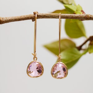 Pink Quartz Glass Earrings - Gold Dangle Earrings - Stone Earrings - Drop Earrings - Birthstone Earrings - Pink Jewelry - Quartz Earrings
