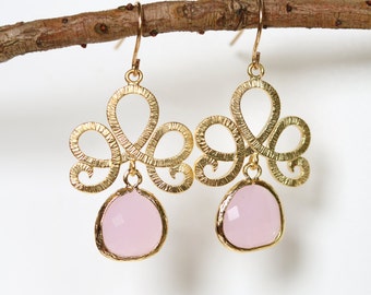 Dangle Earrings - Gold Chandelier Earrings - Large Earrings - Rose Quartz Earrings - Drop Earrings - Stone Earrings - Rose Quartz