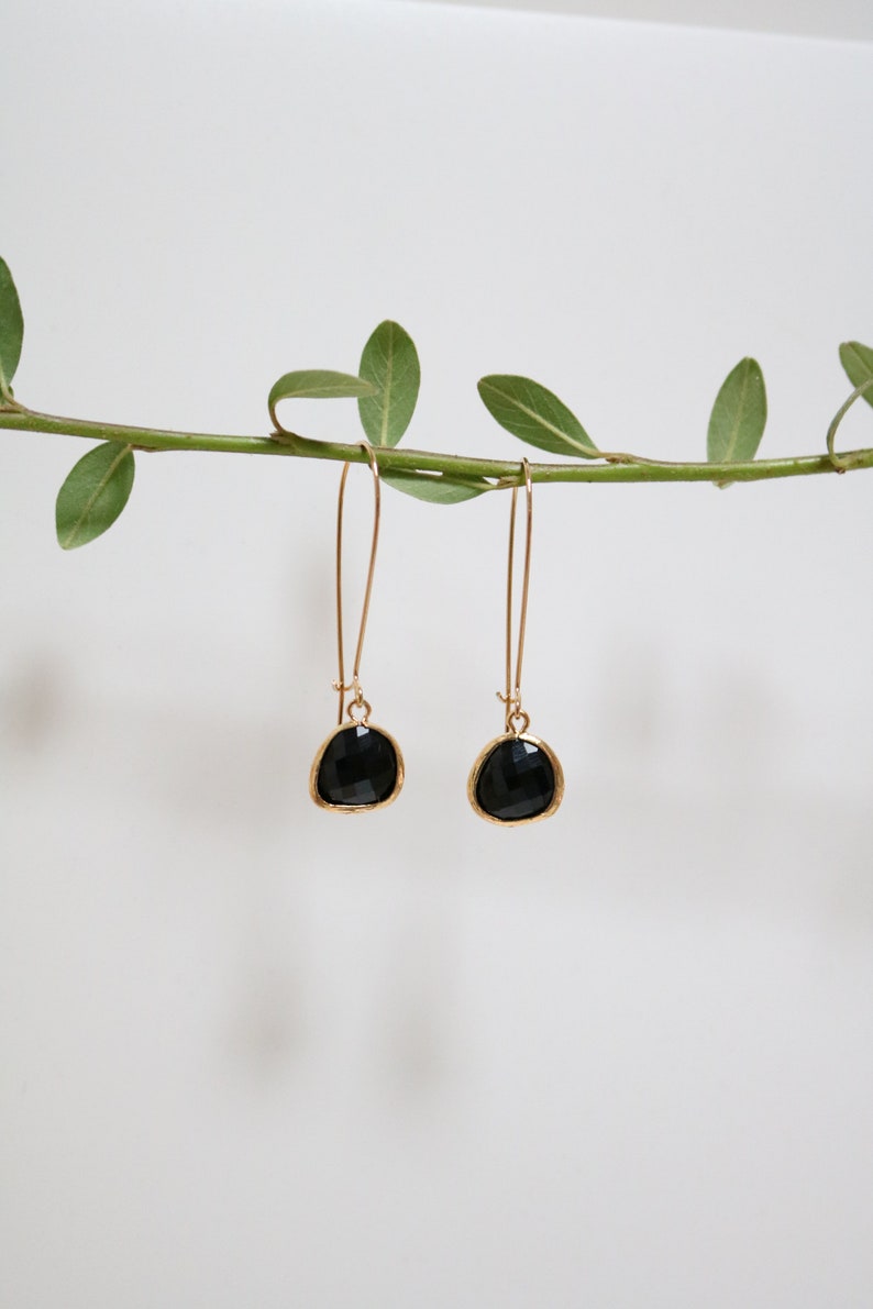 Onyx Glass Earrings Gold Dangle Earrings Stone Earrings Drop Earrings Birthstone Earrings Black Earrings Onyx Jewellery image 2