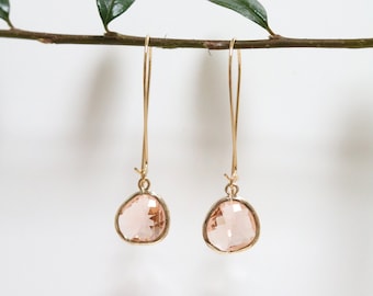 Peach Topaz Glass Earrings - Gold Dangle Earrings - Stone Earrings - Drop Earrings - Birthstone Earrings - Peach Jewelry - Quartz Earrings