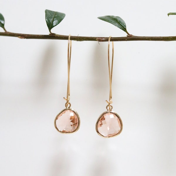 Peach Topaz Glass Earrings - Gold Dangle Earrings - Stone Earrings - Drop Earrings - Birthstone Earrings - Peach Jewelry - Quartz Earrings