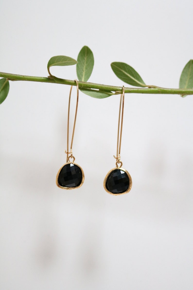 Onyx Glass Earrings Gold Dangle Earrings Stone Earrings Drop Earrings Birthstone Earrings Black Earrings Onyx Jewellery image 1