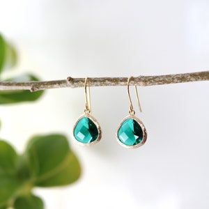 Emerald Glass Earrings - Gold Dangle Earrings - Green Stone Earrings - Drop Earrings - Birthstone Earrings - Green Earrings - Gold Earrings