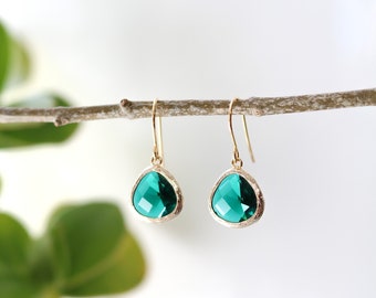 Emerald Glass Earrings - Gold Dangle Earrings - Green Stone Earrings - Drop Earrings - Birthstone Earrings - Green Earrings - Gold Earrings