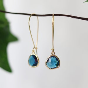 Sapphire Glass Dangle Earrings - Gold Plated, Ocean Blue