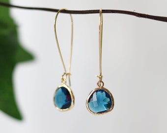 Sapphire Glass Earrings - Gold Dangle Earrings - Stone Earrings - Drop Earrings - Birthstone Earrings - Ocean Blue Earrings - Gold Earrings