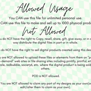 May include: A digital file usage guide with the words "Allowed Usage" and "Not Allowed" in a handwritten font. The text explains the permitted and prohibited uses of the file, including personal and commercial use.