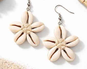 Hemp Cowrie Shell Flower Earrings with Sterling Silver Hooks