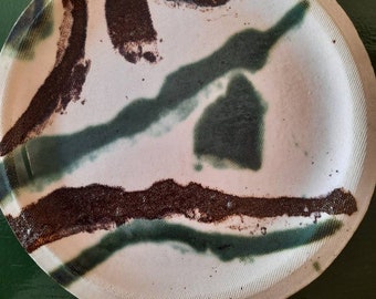 Handmade Ceramic Plate - Green and brown Boho plant style - a true vintage girl find