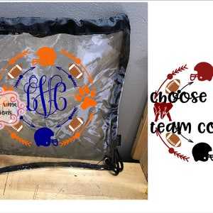 May include: Clear plastic drawstring bag with a football helmet, footballs, arrows, and paw prints in orange and blue. The bag has a monogram "LFF" in blue. The text "Choose your team colours" is shown in red on a white background.
