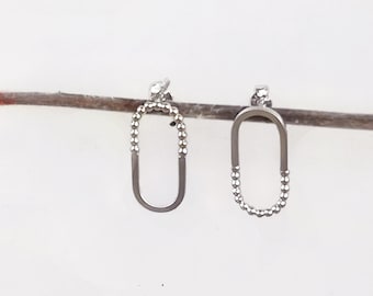 Sterling Silver Oval Stud Earrings: Beaded & Square Wire, Minimalist Jewelry