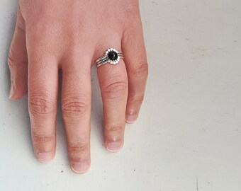 Black Onyx Sterling Silver Stackable Rings Set - Floral Design