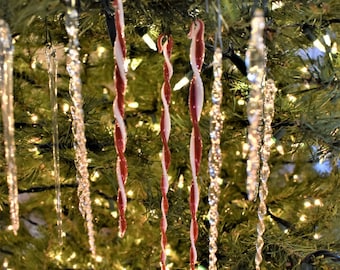 Red & White Peppermint Glass Icicle Ornaments, Lampwork, Handmade, twisted glass icicle ornament, Icicle ornament for decorating