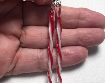 Red & White Glass Icicle Earrings, Handmade Lampwork Glass, Peppermint earrings, Chistmas gift earrings