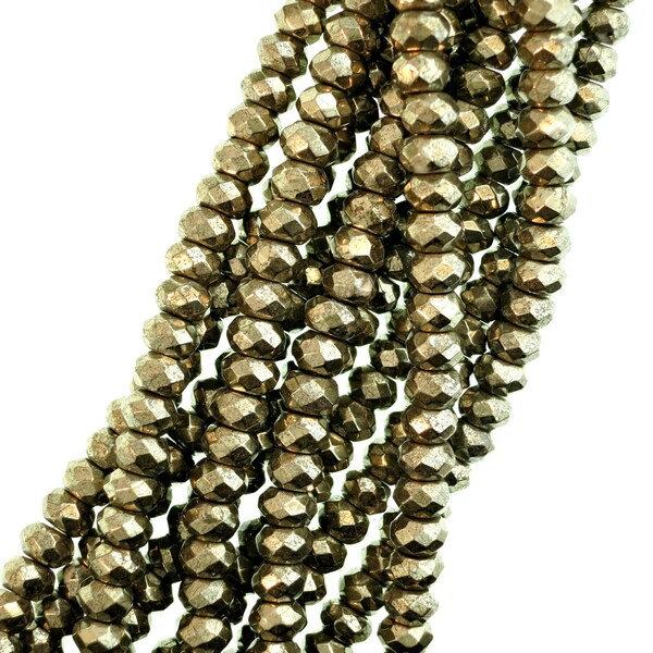 Faceted Pyrite Beads, 6x4mm Pyrite Rondelles, Golden Natural Pyrite, Full Strand - (1) 16 Inch Strand (Approx. 102 beads)