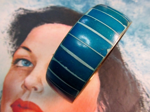 Blue Dyed Wood & Brass Striped Bracelet Bangle - image 1