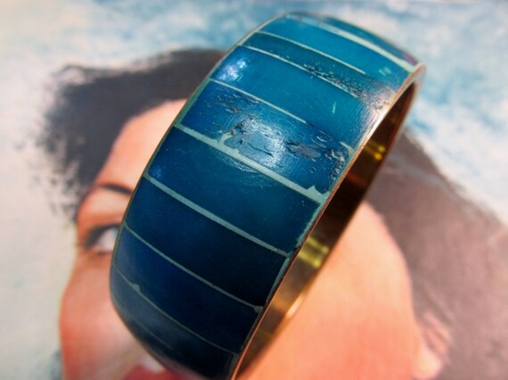 Blue Dyed Wood & Brass Striped Bracelet Bangle - image 4