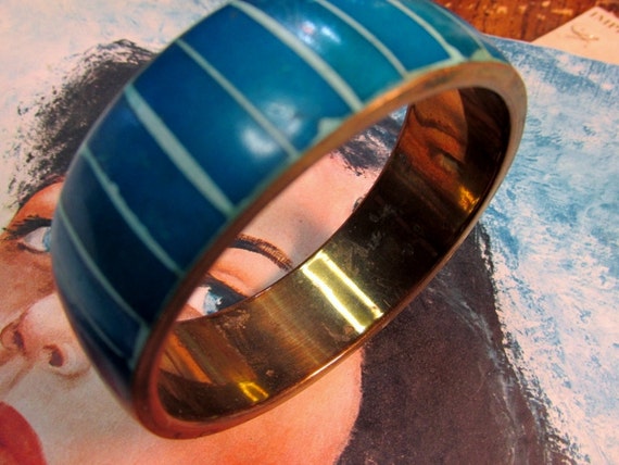 Blue Dyed Wood & Brass Striped Bracelet Bangle - image 3