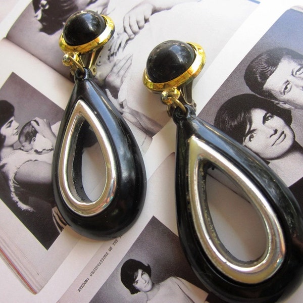 Vintage Black, Silver & Gold Acrylic Teardrop Clip-on Earrings