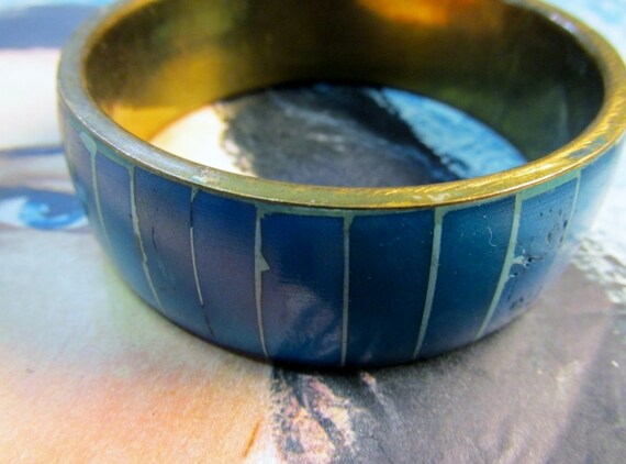 Blue Dyed Wood & Brass Striped Bracelet Bangle - image 2