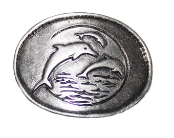 Silberne ovale GÜRTELSCHNALLE Wechselschnalle DELFINFAMILIE 4 cm Gürtelbreite