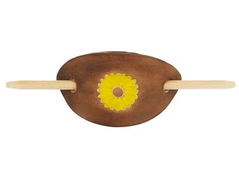 Antikbraune LEDER HAARSPANGE punzierte gelbe Sonnenblume mit Holzstab VINTAGE