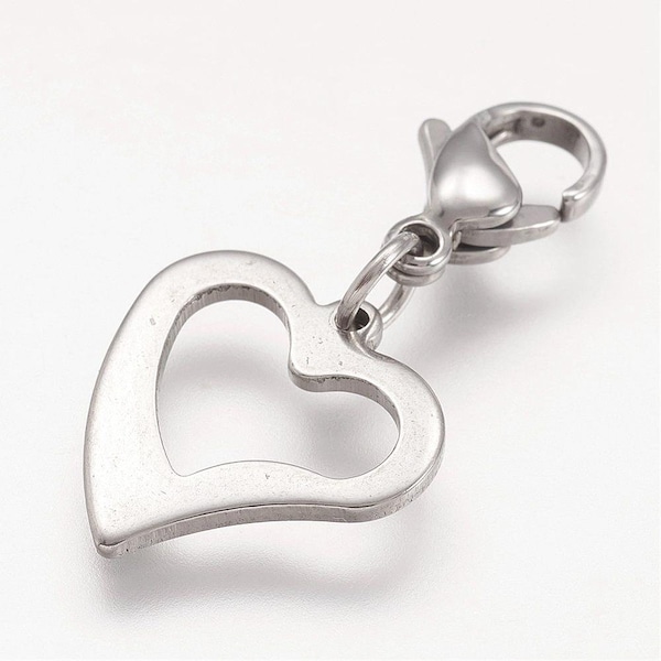 Pendant Charm Open heart with carabiner closure made of stainless steel 30 mm