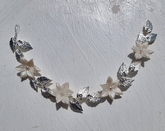 12" Silver leaf and flower bridal hair vine wedding