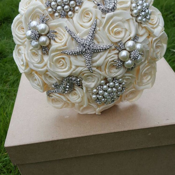 Beach themed ivory satin rose and pearl brooch starfish wedding bridal bouquet