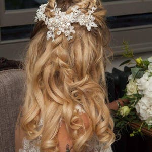 Beautifully embellished lace headpiece with pearls and diamantes