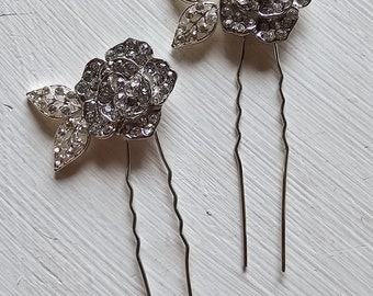 Pair of diamante rose hair pins bride wedding bridesmaids