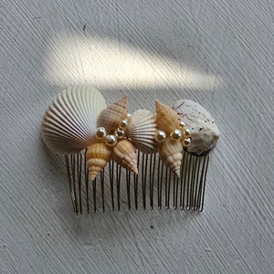 Op de afbeelding: Een haar kam versierd met schelpen en parels. De kam heeft een zilveren afwerking en is versierd met vier schelpen, waarvan twee wit en twee bruin zijn. De schelpen zijn versierd met kleine witte parels.
