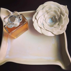 Handmade Ceramic perfume / jewellery tray / ring dish with hand built ceramic rose feature