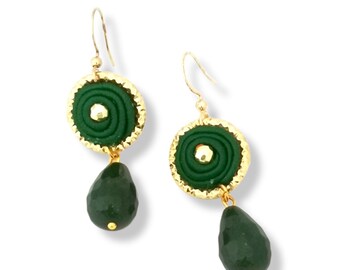 Pendant Earrings with green agate drops, Soutache Earrings