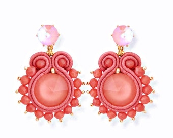 Soutache pendant earrings, Peach and gold earrings with beads and crystals