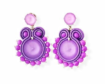 Soutache pendant earrings, Lilac and silver earrings with beads and crystals