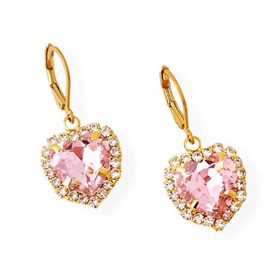 Steel earrings, heart earrings with cubic zirconia, pink dangling earrings,