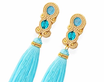 Long soutache earrings with hanging tassel, Beige and gold earrings with aquamarine and turquoise crystals, Soutache earrings