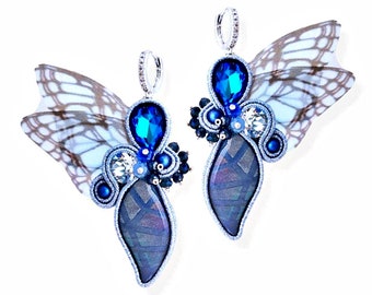 Soutache blue and silver earrings, butterfly earrings, women's pendant earrings