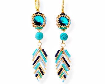 Earrings with colored beads, long earrings, feather earrings, earrings with crystals