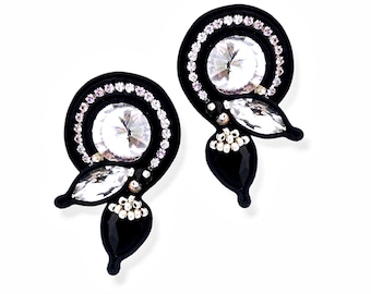 Soutache stud earrings, elegant earrings with crystals and beads