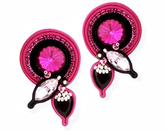 Soutache earrings with crystals, Elegant fuchsia and black earrings