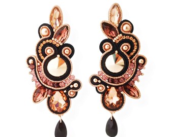 Soutache earrings, Long earrings with crystals, elegant earrings for women, black and rose gold earrings