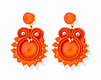 Soutache pendant earrings, earrings with crystals, orange earrings for women