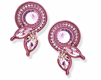 Mauve and silver Soutache earrings, stud earrings with crystals