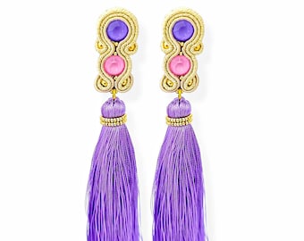 Long soutache earrings with hanging tassel, Beige and gold earrings with lilac and pink crystals, Soutache earrings